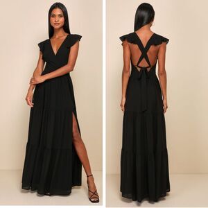 Lulus Charming Success Black Tiered Lace-Up Backless Maxi Dress Medium Black Tie
